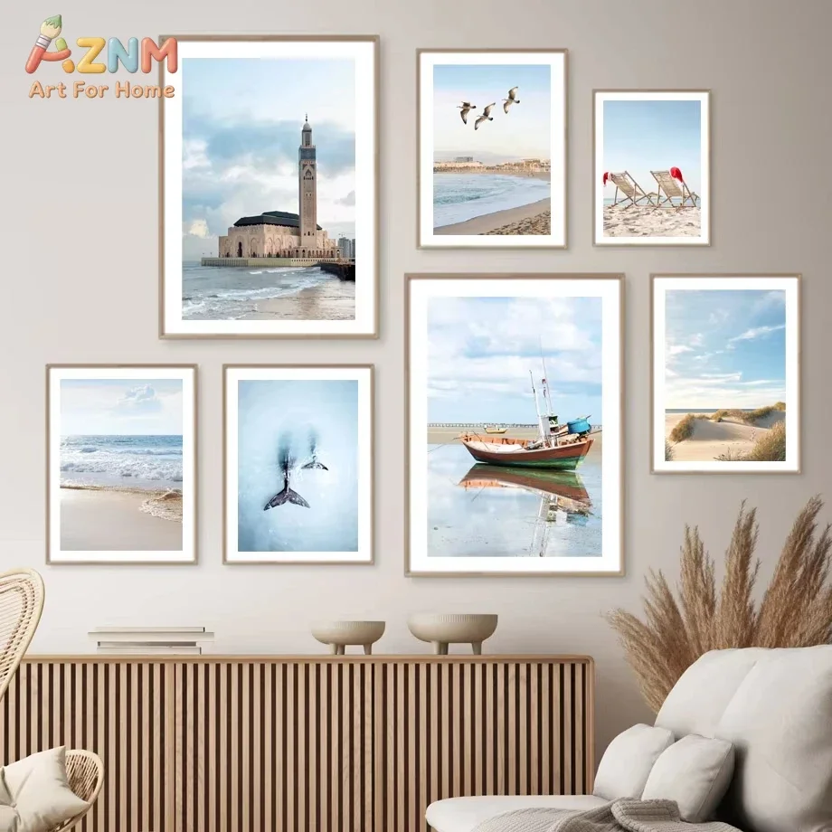 AZNM Coastal Morocco Scenery Canvas Wall Art Ocean Beach Boat Mosque Whale Tail Seagull Seascape Neutral Unframed Canvas Decor P