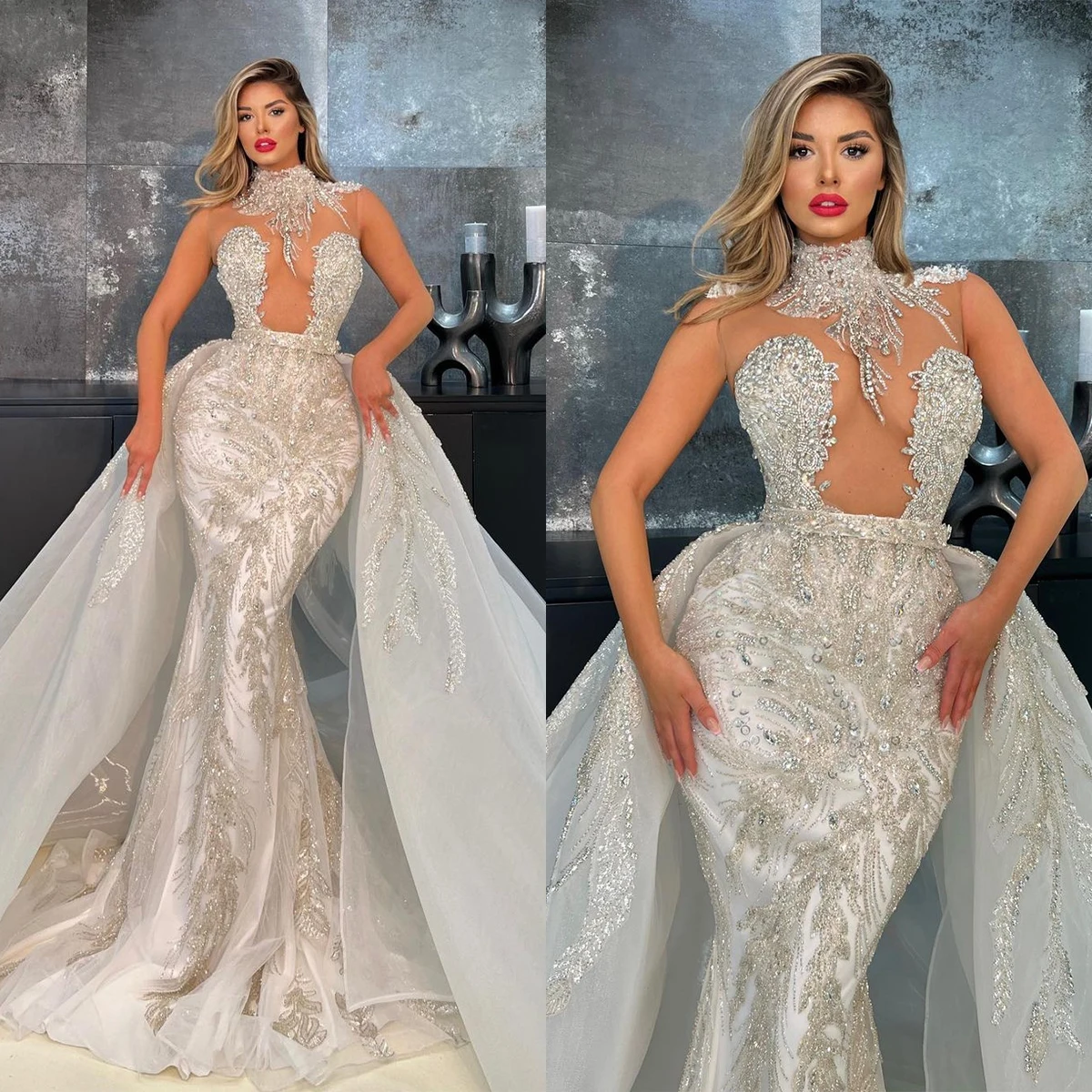 Delicate Mermaid Wedding Dresses For Women Appliques Crystal Sequins Bridal Gown Sleeveless High Collar Detachable Train Dress