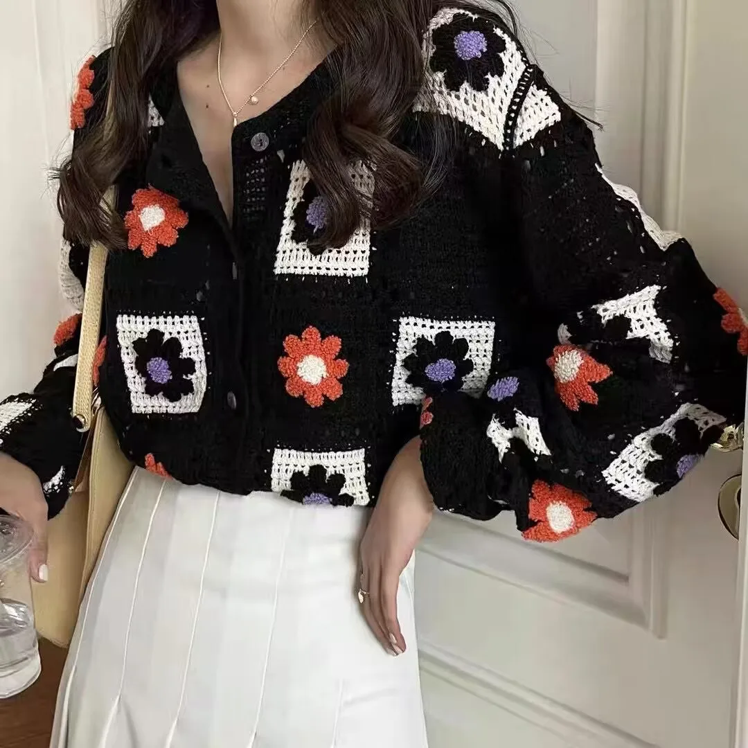 REALEFT Spring Summer Vintage Embrodiery Women\'s Cardigan Single Breasted Bohemiam Hollow Out Outwear Casual Korean Tops Female