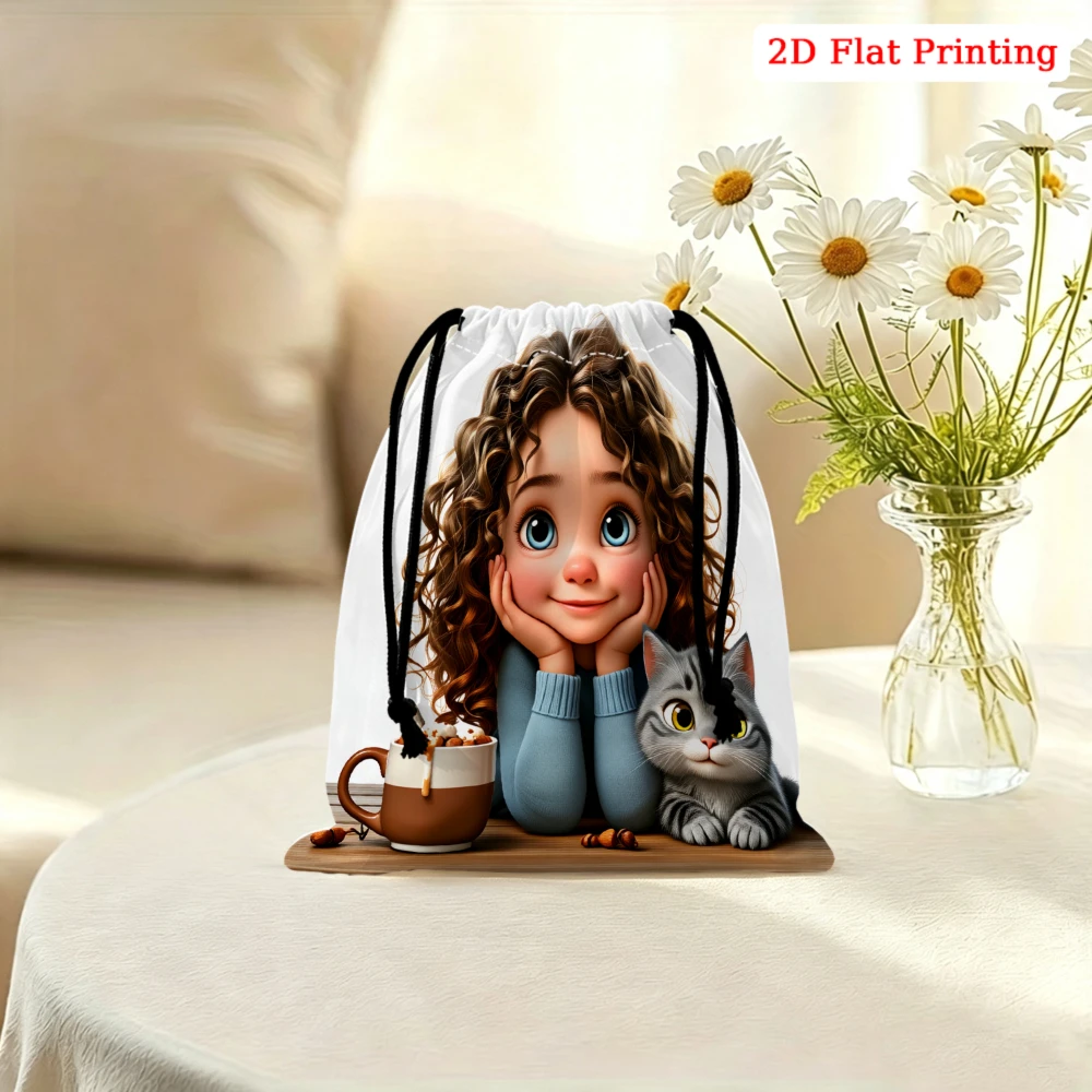 1pc Cartoon Girl And Cat Drawstring Bag White 2d Flat Printing Storage Small Pouch For Travel Gym Cosmetics Organization Women G