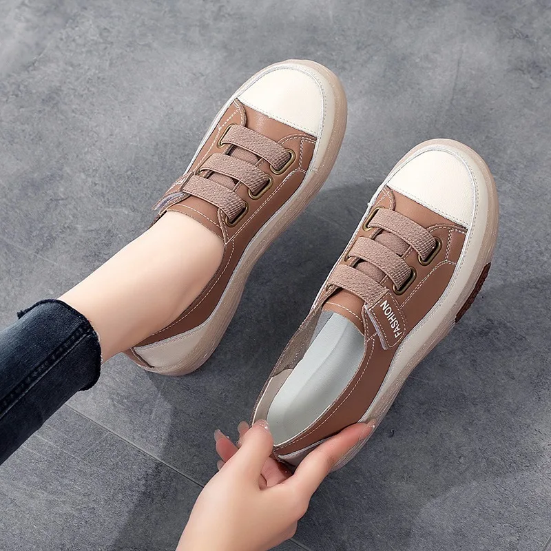 Handmade Genuine Leather Women Soft Soled Sneakers Hook & Loop Skate Shoes Ladies Girl Student Vulcanized Flats Hollow Loafers