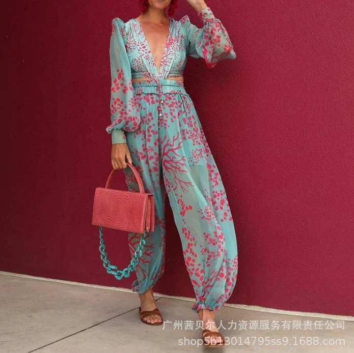 

Women Urban Jumpsuit 2024 Spring Summer Latest Print Perspective Chiffon Sexy Deep V Romper Long Slept Small Leg Pants Bodysuit