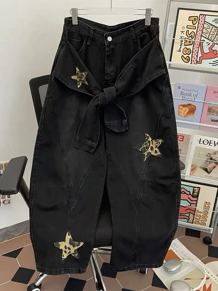 

American Style Retro Leopard Print Embroidered Wide Leg Jeans Women's Trendy Loose Deconstructed Patchwork Star Denim Pants