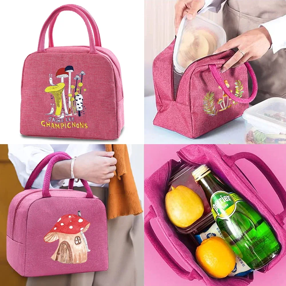 

Lunch Bag Women Travel Picnic Food Cooler Bags Handbags Kids Thermal Lunch Pouch Mushroom Print Organizer Insulated Canvas Pack