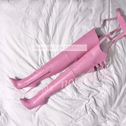 Pink Hollow Crotch Boots Women Buckle Belted Pointed High Heels Shoes Ladies Sexy Fashion Leggy Slim Large Size Stiletto Boots