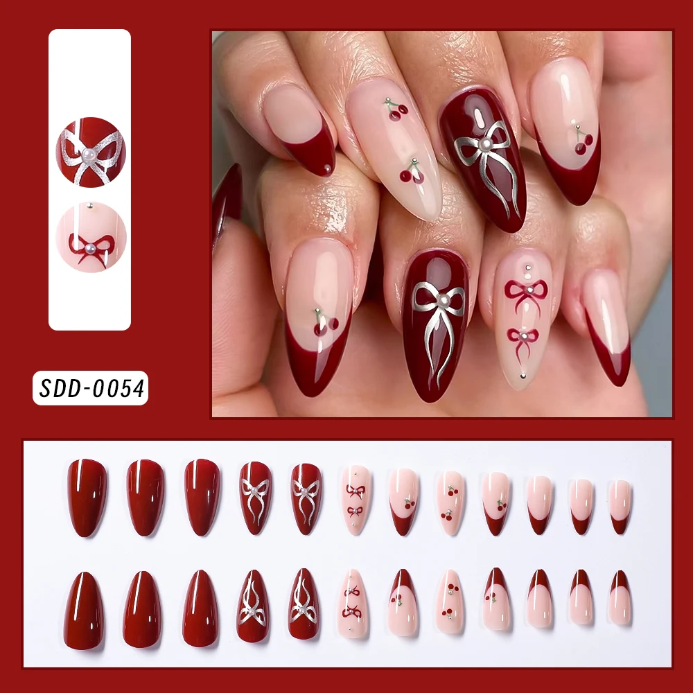 24 Stück rote Nägel mit französischer Spitze zum Aufdrücken mit Kirsch- und Schleifen-Design, glänzende mittelgroße Mandel-Kunstnägel, süße coole künstliche Nägel, Maniküre