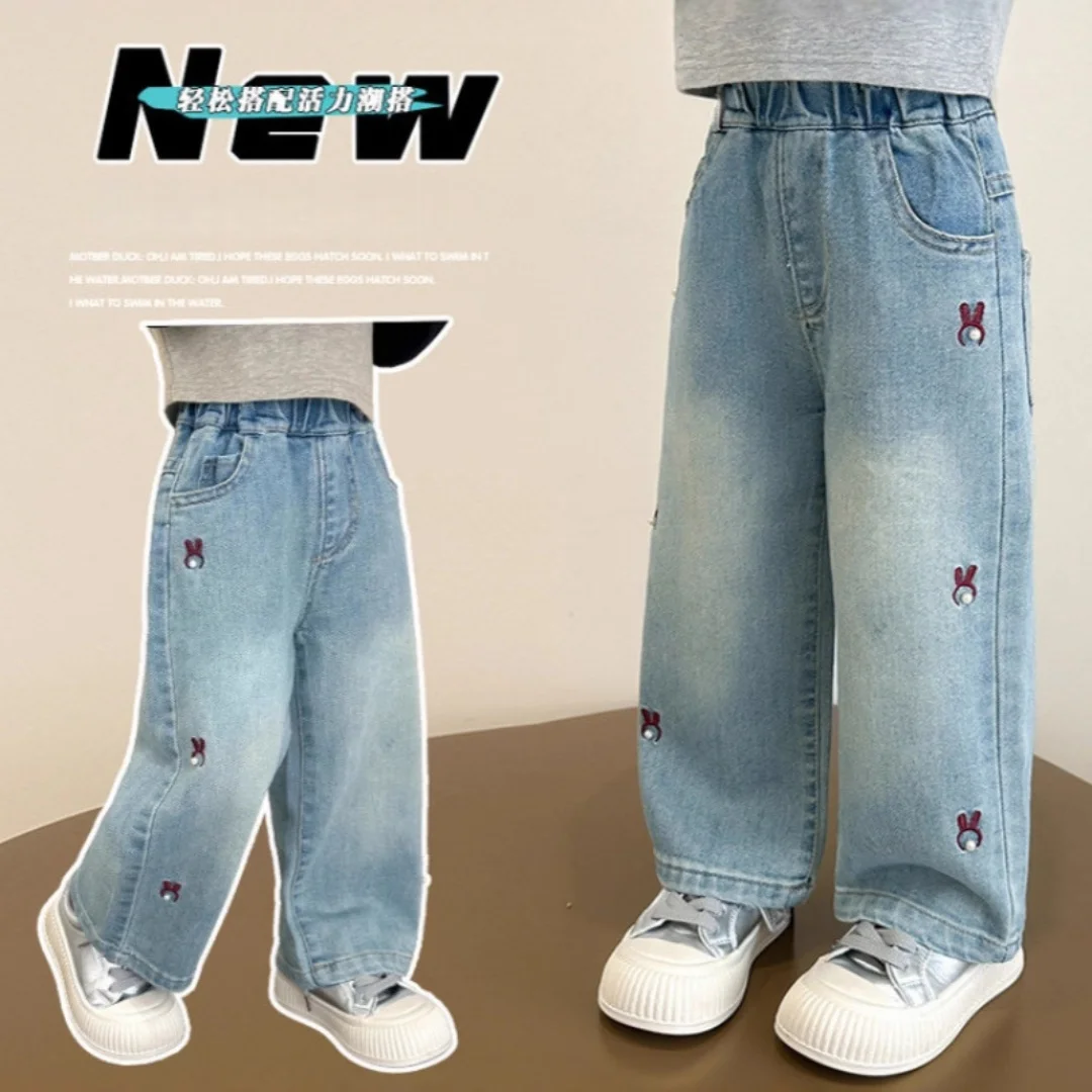 

2025 Cartoon Embroidery Wide Leg Pants Kids Girls Cotton Denim Jeans Pants 2-7Y Korean Children's Clothes Casual Loose Trousers