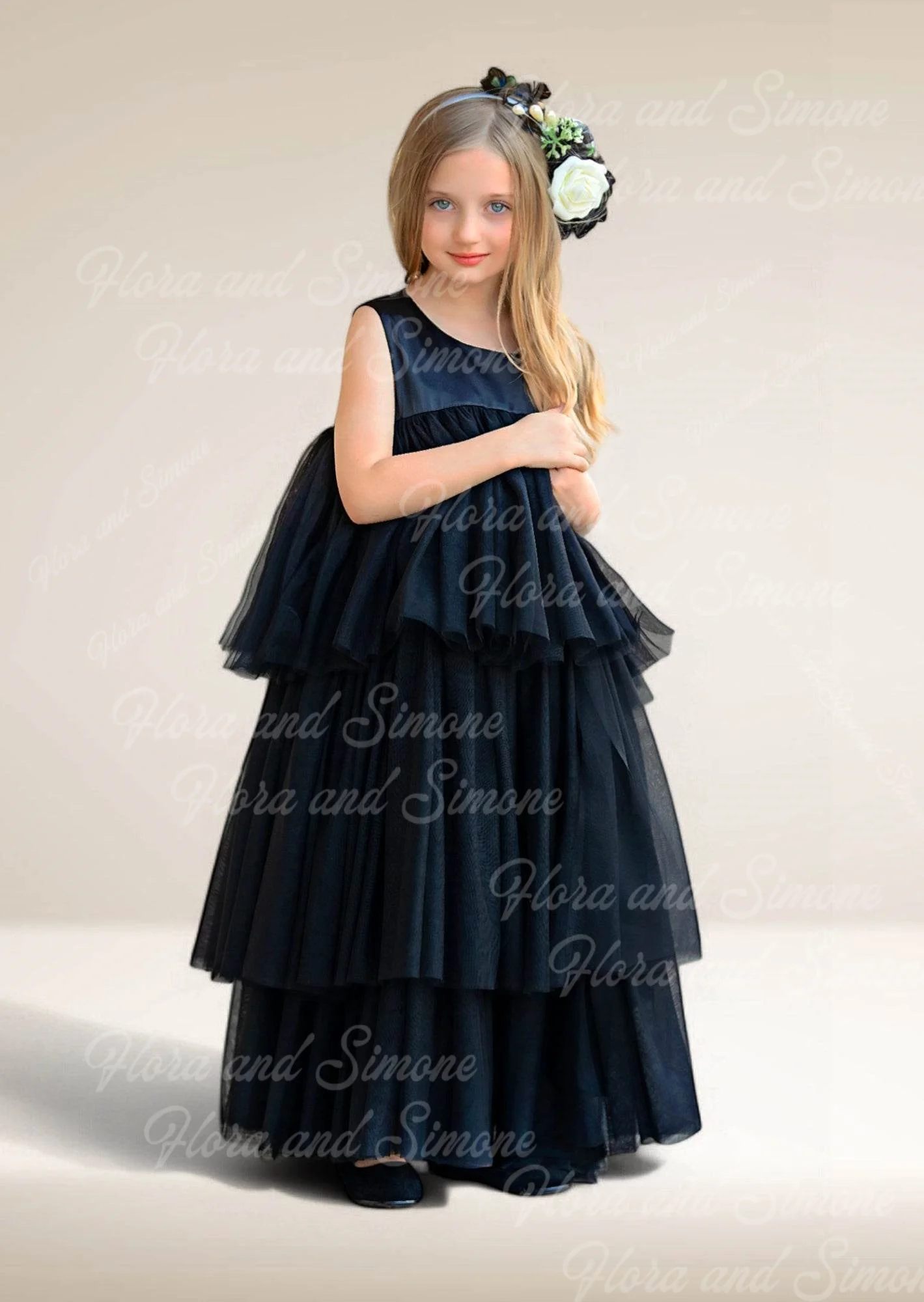 

customized Elegant Dark blue Chiffon hierarchy Flower Girl Dress for Baptism First Communion Parties Wedding Ceremonies Parties