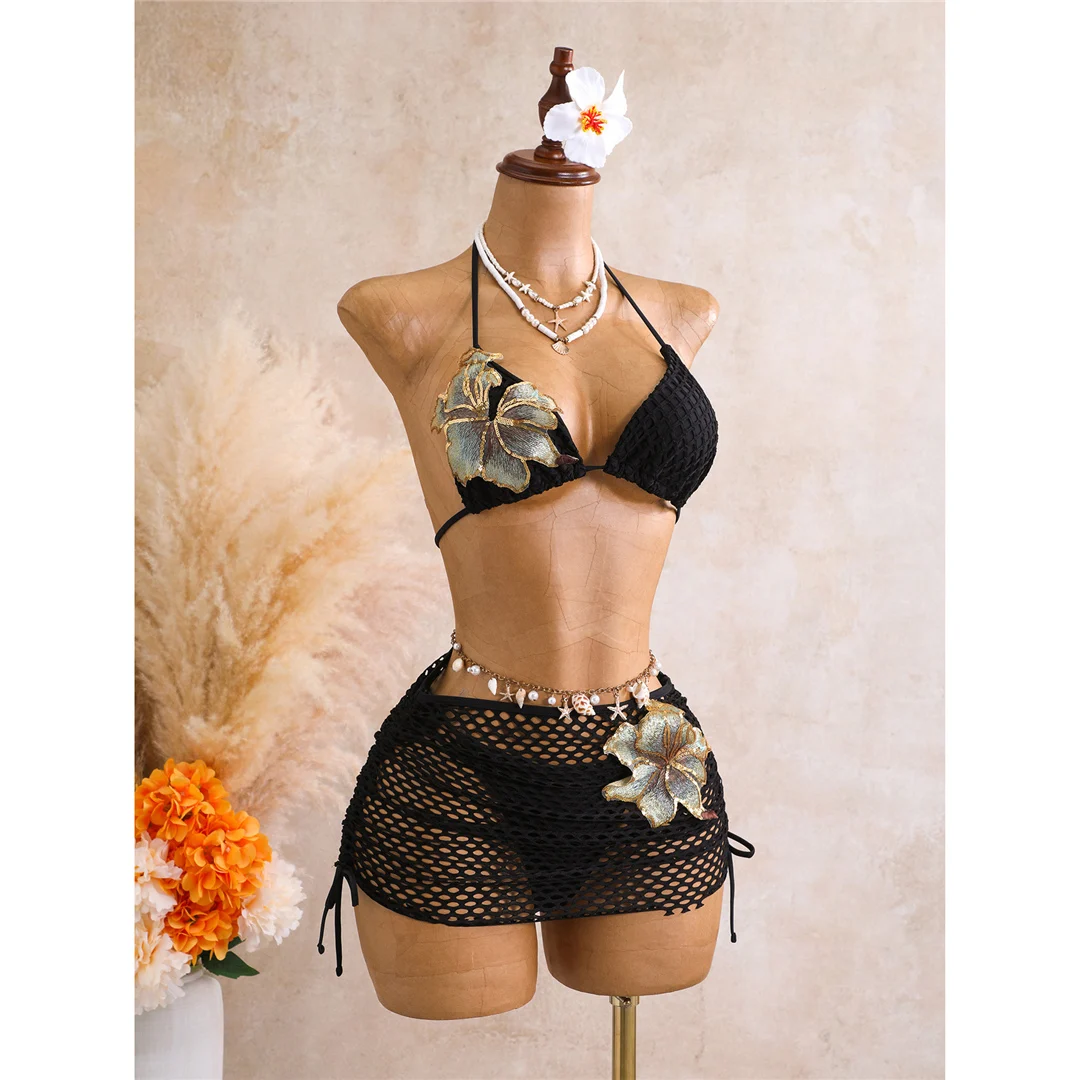 Mit Rock 3D-Blumen-Halter-Bikini Damen-Badebekleidung, dreiteiliges Bikini-Set, gepolsterter Badeanzug, Badebekleidung, Schwimmen V8346 – Detail 6