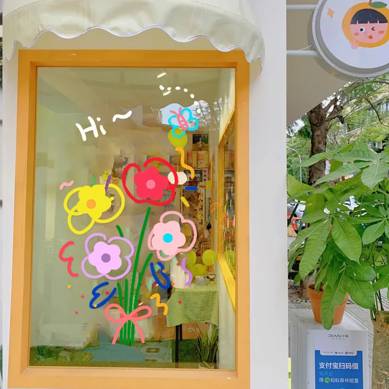 Simple Naughty Cute Window Glass Stickers Flowers Electrostatic Film Store Door Stickers Window Stickers Room Decoration