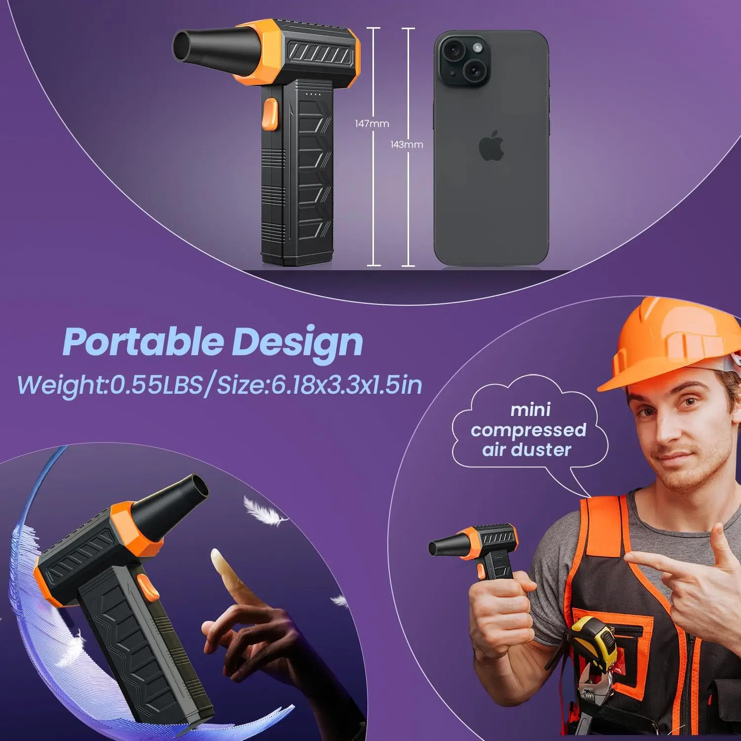 منفضة هواء كهربائية 320,000 دورة في الدقيقة منفاخ هواء مضغوط بقدرة 7600 مللي أمبير في الساعة قابل لإعادة الشحن، لوحة مفاتيح LED 3 سرعات للكمبيوتر/منفاخ تنظيف