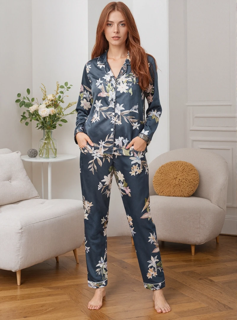

Шелковистый пижамный комплект из 2 предметов с принтом лилии для женщин, топы с длинными рукавами и нагрудными карманами и длинные брюки, удобная одежда для сна свободного покроя