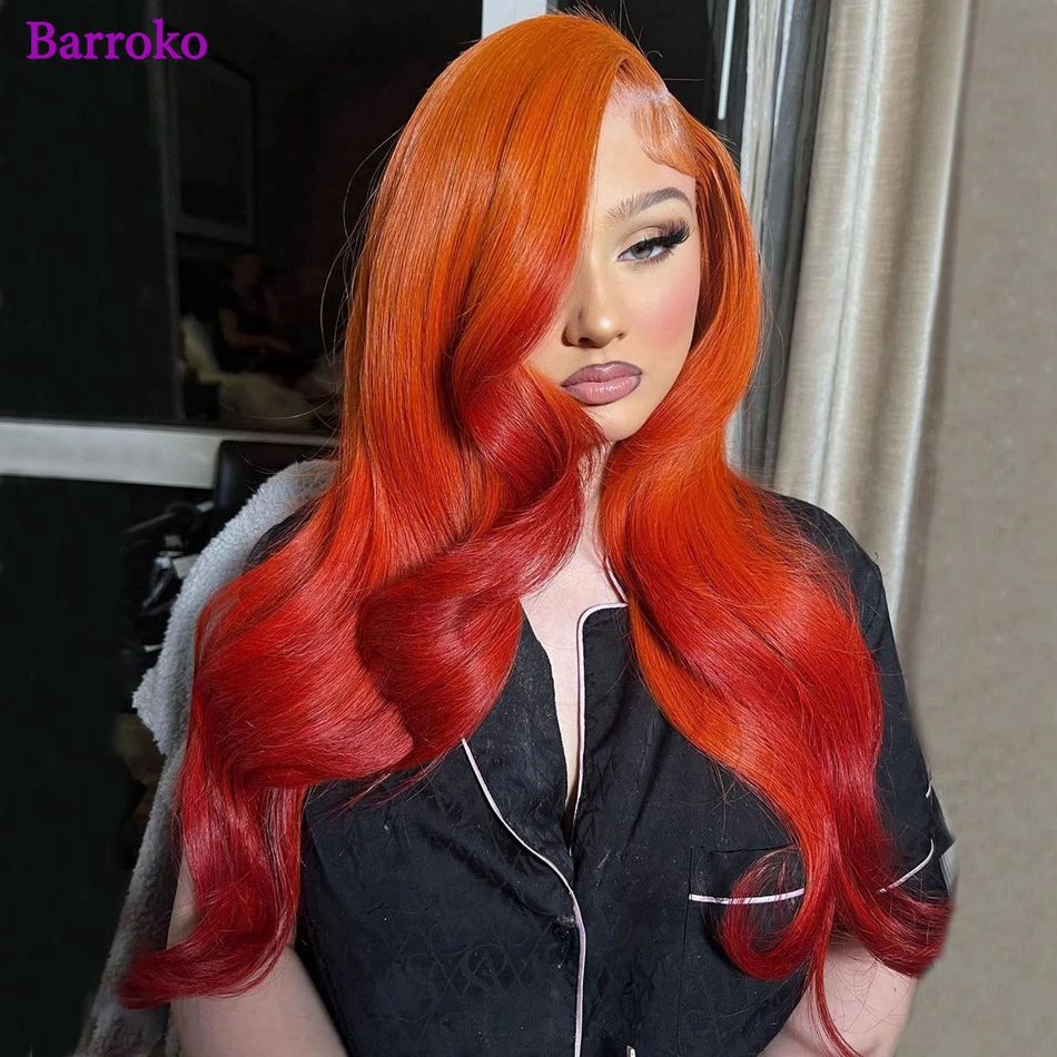 Peruca laço frontal peruca corpo onda-barroko, cabelo humano, transparente, omber, 613, laranja, vermelho, 34 polegadas, 180% remy