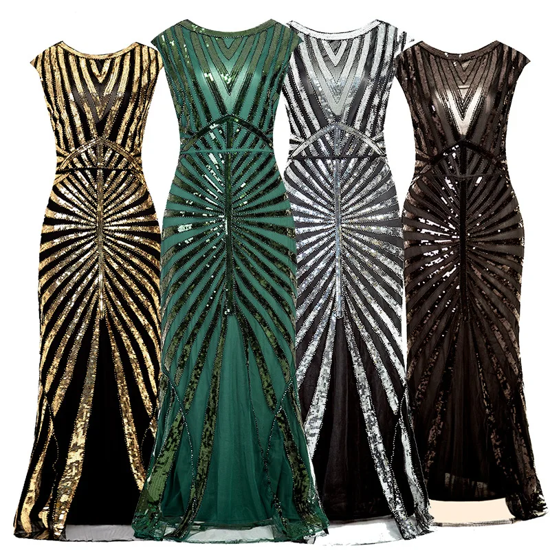 ผู้หญิง1920S Great Gatsby ชุดยาว20S Flapper Vintage O คอ Backless Maxi ชุดเดรสปาร์ตี้สำหรับค็อกเทล