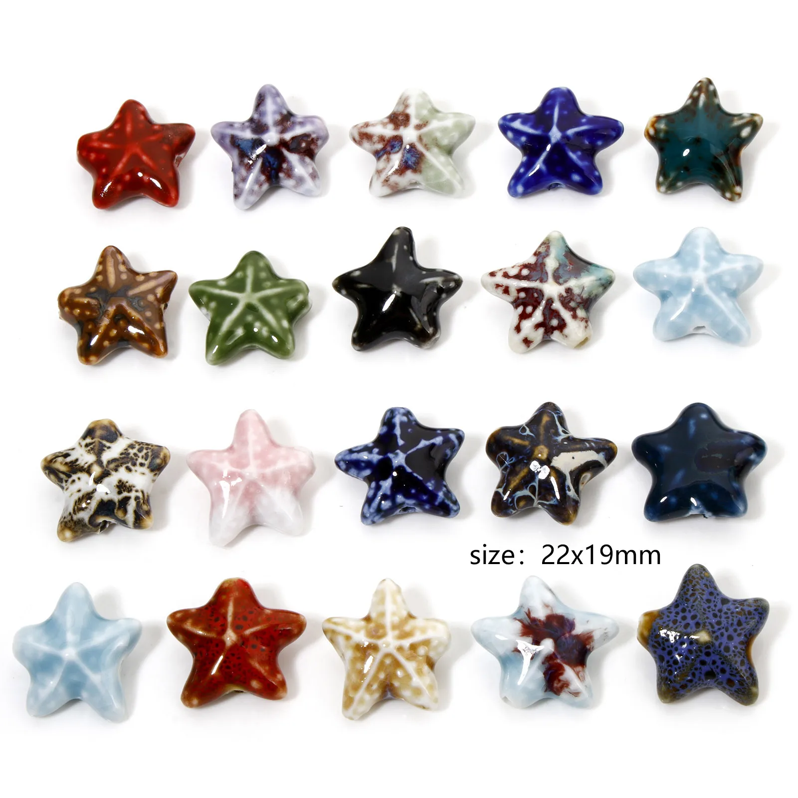 10 PCs Ceramic Starfish Ocean Jewelry Beads For DIY Jewelry Making Multicolor 3D Charms About 22mm x 19mm, Hole: Approx 2mm