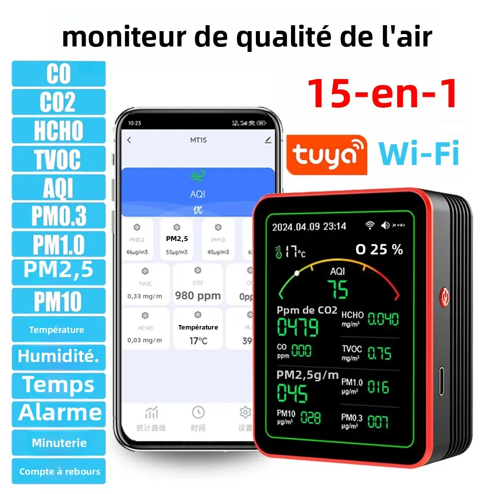 Smart Life 15 en 1 moniteur de qualité de l'air Tuya WiFi PM2.5 détecteur CO2 CO TVOC HCHO PM AQI température et humidité pour la maison et le bureau