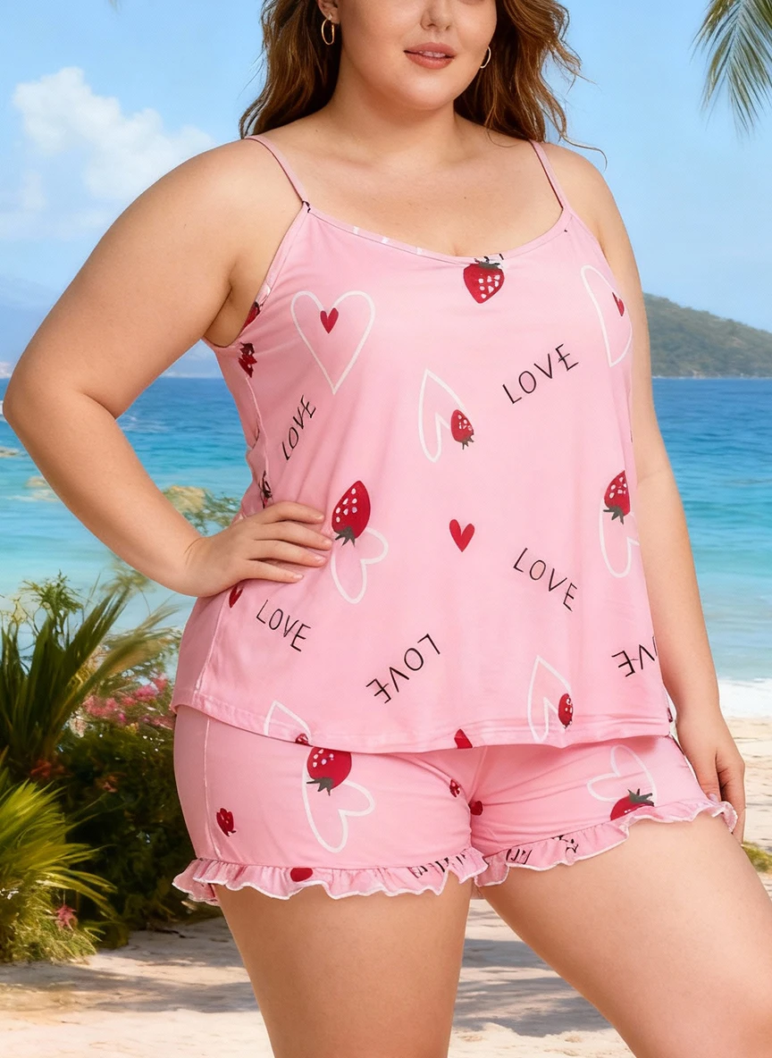 

Plus Size Valentine's Day Heart Print Cami Shorts Pajama Set Loungewear for Spring Summer