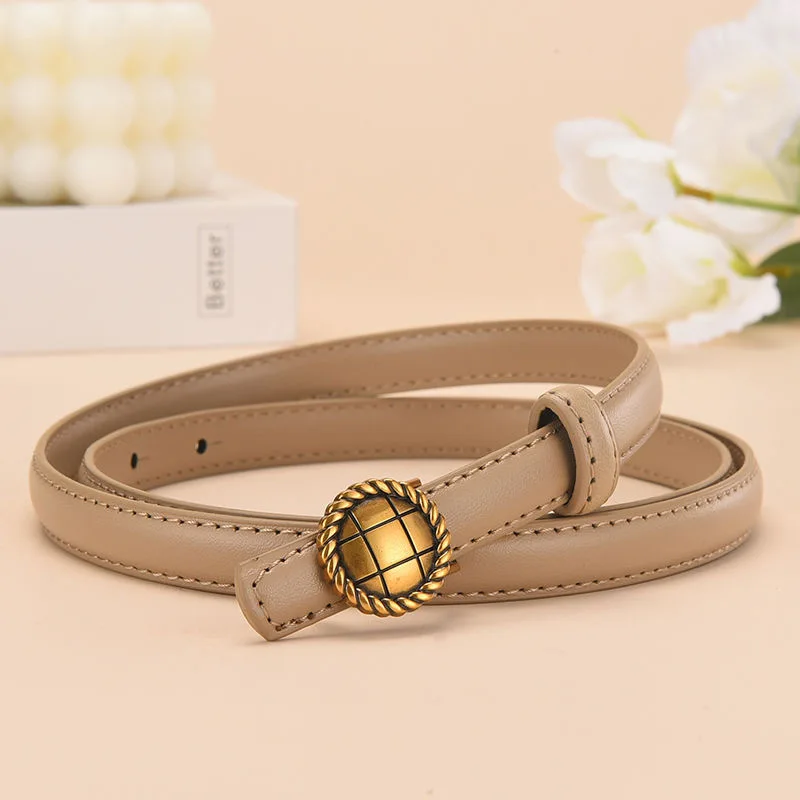 New Women's Belt with Cowhide Small Round Buckle Korean Version Versatile Decoration High-end Feel Personalized Thin Belt