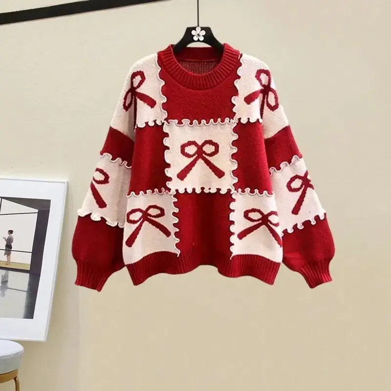 

Korean Sweet Bow Patchwork Sweaters Autumn Winter Long Sleeve Women's Clothing Casual O-Neck Stylish Folds Loose Knitted Jumpers