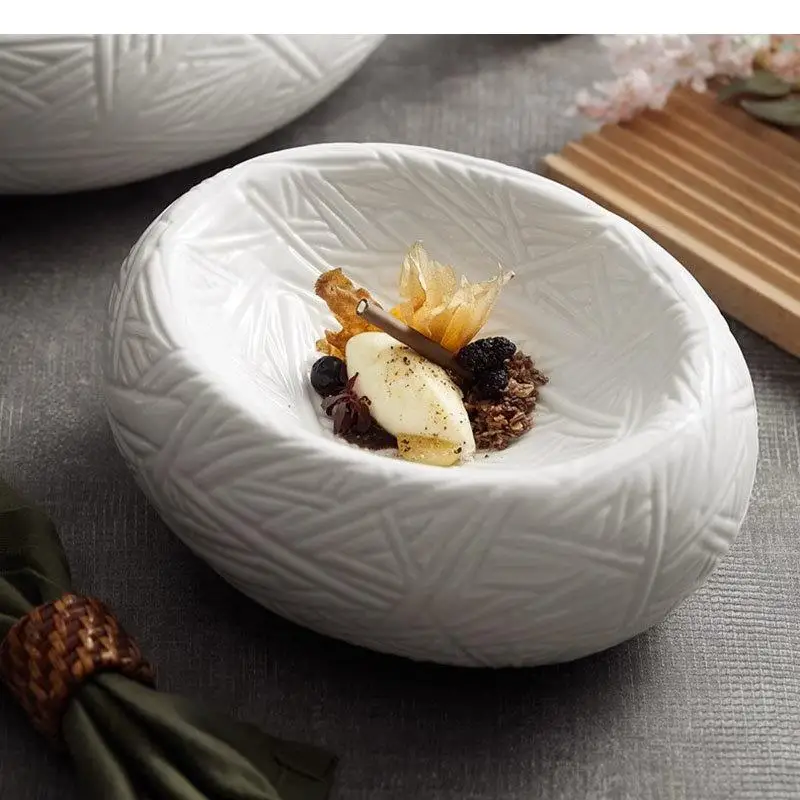 Ceramic Dinner Plate Restaurant Oval Relief Texture Thick Soup Dessert Pasta Plates Insulation Home Tableware