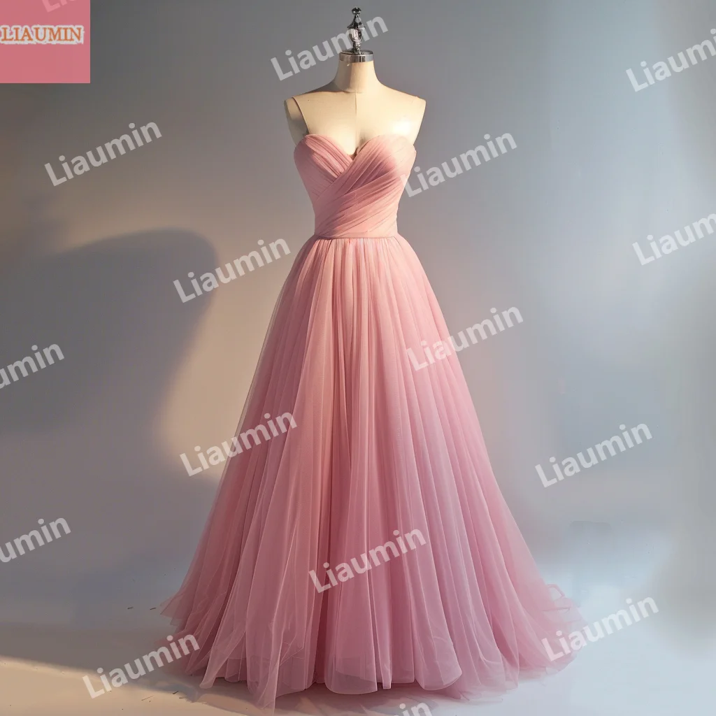 Custom Pink Tulle Pleat Lace Up Back Summer Prom Dress Floor Length Strapless Evening Dresses Formal Valentine's Day W15-48.8