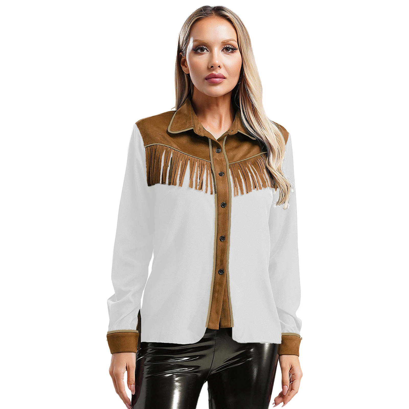 Womens Faux Suede Tassel Color Block Shirts with Cowboy Hat Turn-Down Collar Long Sleeve Buttons Fringed Blouse for Theme Party