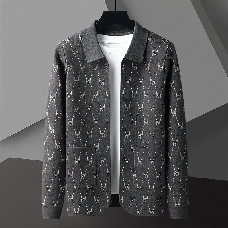 European American high-end brand knitted jacket men's autumn new trend letter jacquard loose casual lapel sweater cardigan coat