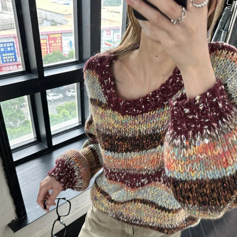 Contrast Color Striped Jumper Crew Neck Rainbow Pullovers  Big Long Loose Sweater  Autumn/Winter Women Knitted Clothing