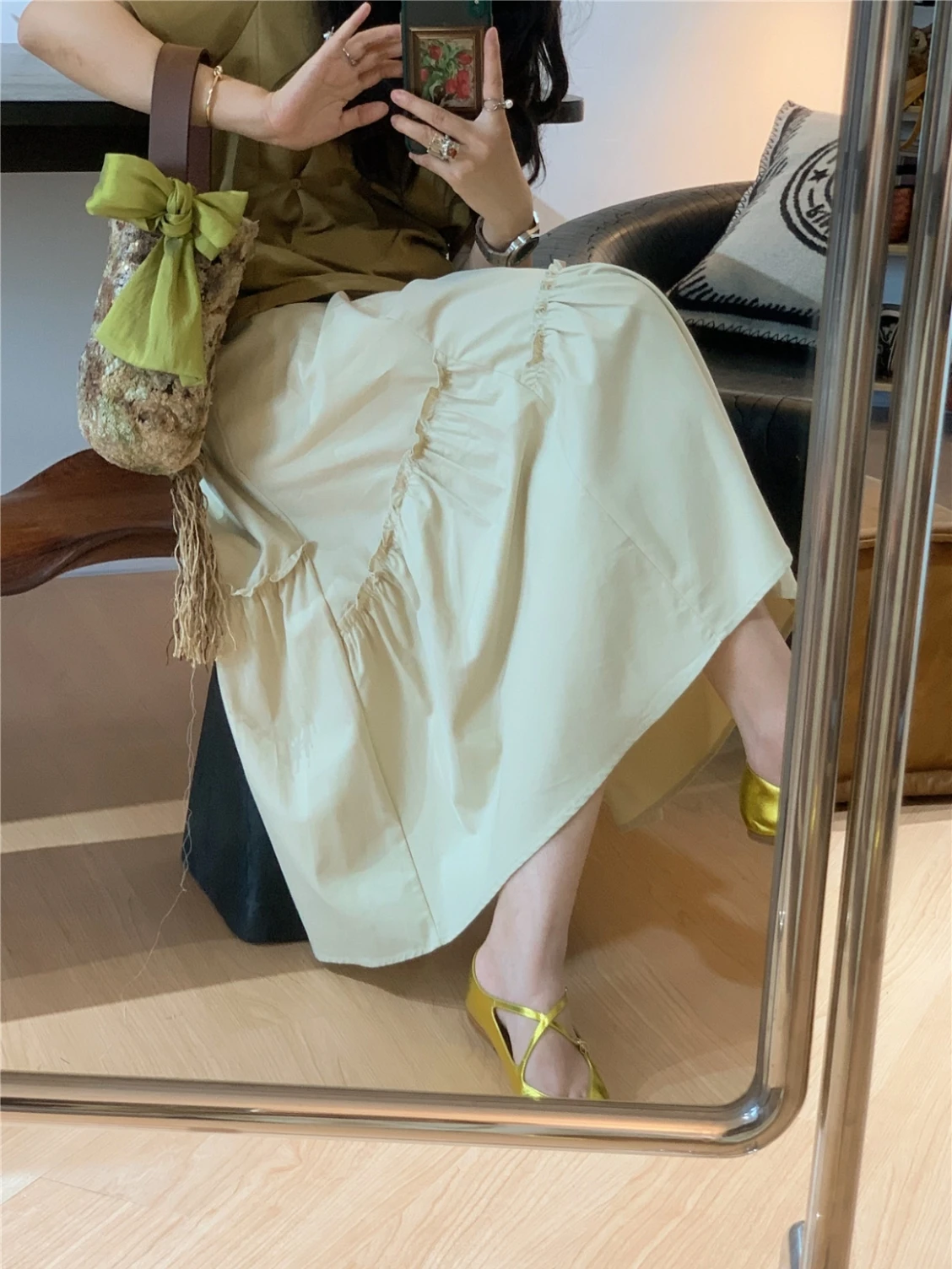 

Модная асимметричная юбка-миди А-силуэта из дерева с эффектом волнистого края, женская, с эластичной талией, повседневная, для работы и отдыха