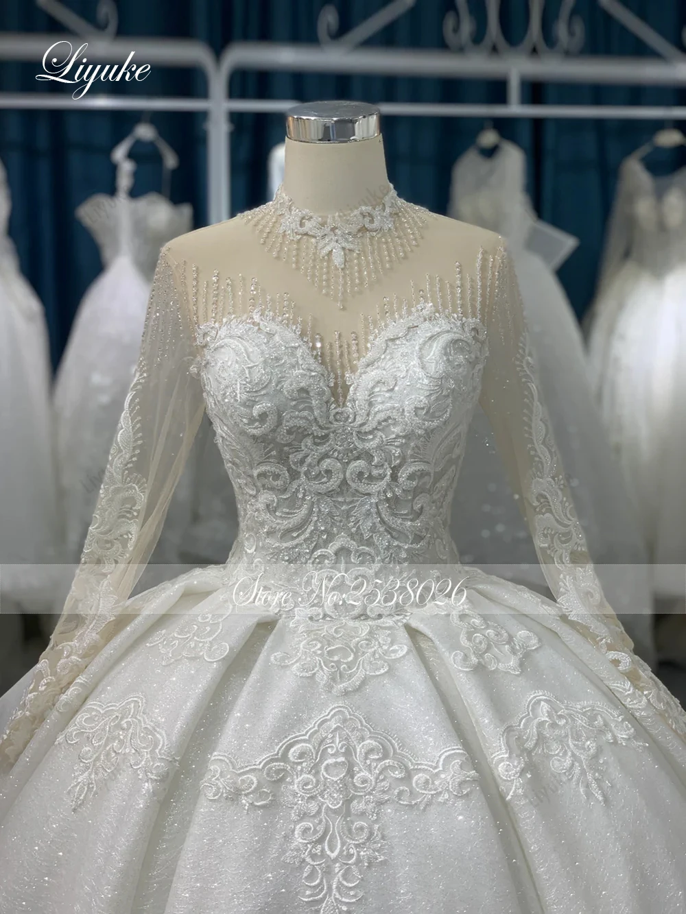 Liyuke op maat gemaakte luxe glanzende kant hoge kraag baljurk trouwjurken kralen parels volledige mouwen prinses bruidsjurken