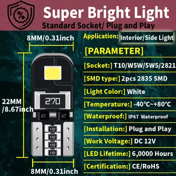 10個裝汽車內裝燈 T10 168 2825 194 LED燈泡 6000k 白色 W5W LED汽車燈 12V 適用於豐田卡羅拉 150 凱美瑞 40 CHR 大眾 T4 T5 12 最佳銷售 t4 大眾 - №10