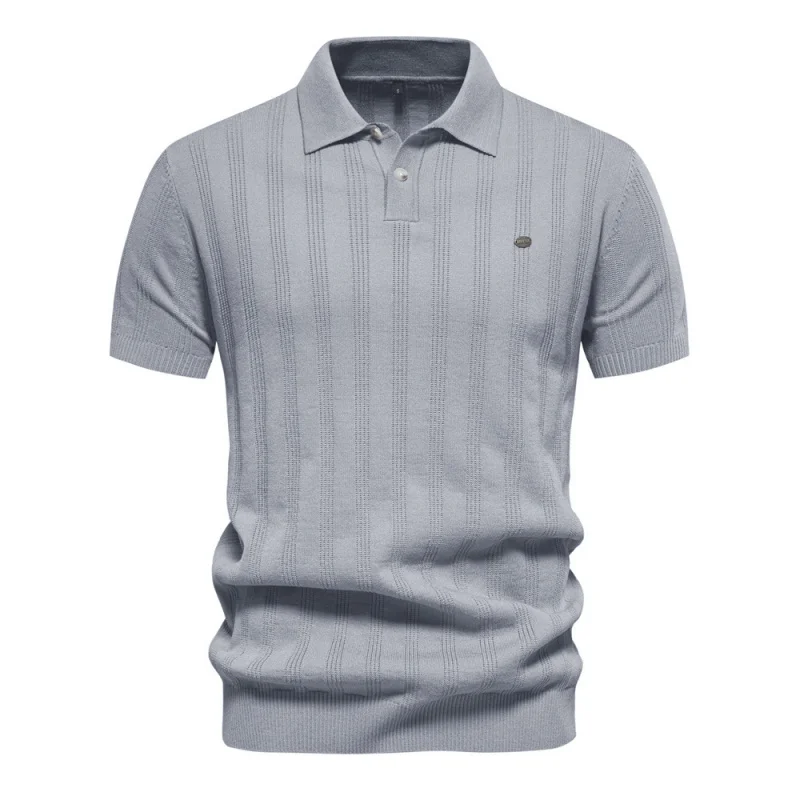 

2025 Spring/Summer New Men's Business Casual Collar Striped Breathable Knitted Fabric Multifunctional Short Sleeve Collar Knitte