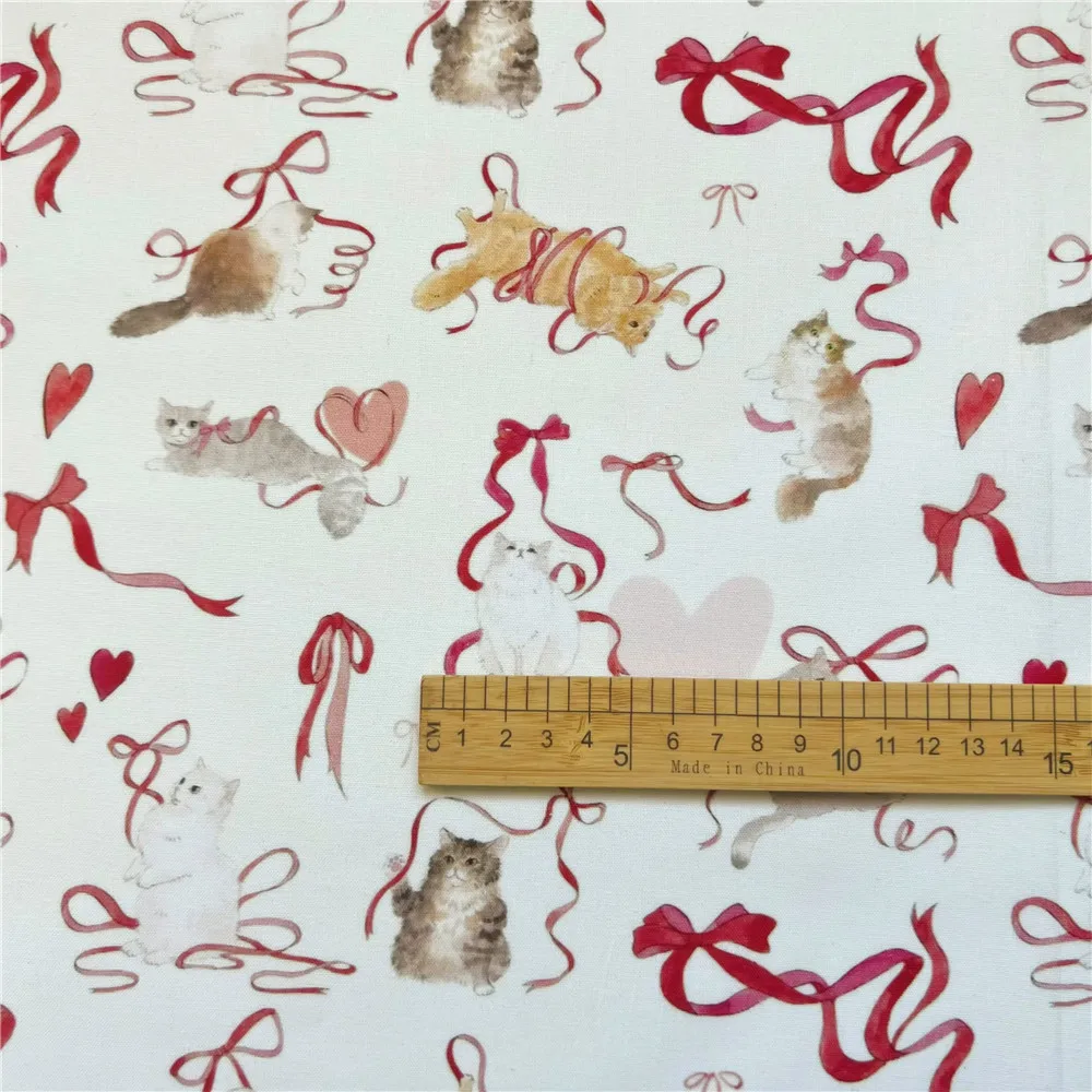 Red Ribbon Cat 100% Cotton Fabric Material Patchwork Sewing Fabrics Quilt Needlework DIY Cloth baby Material