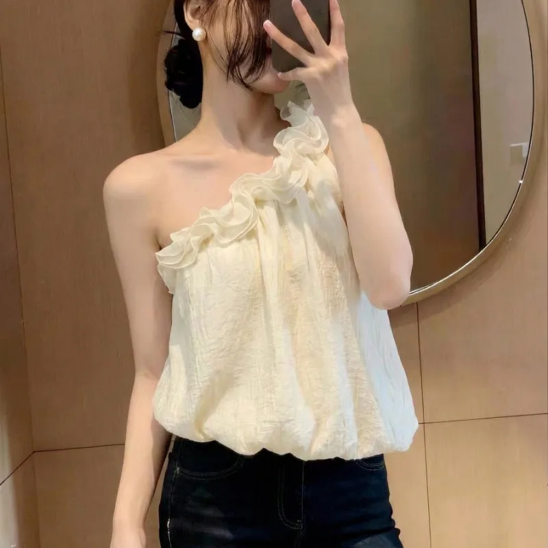 

Летняя корейская женская блузка без рукавов с одним открытым плечом и асимметричным вырезом, жаккардовая, элегантная, 2026