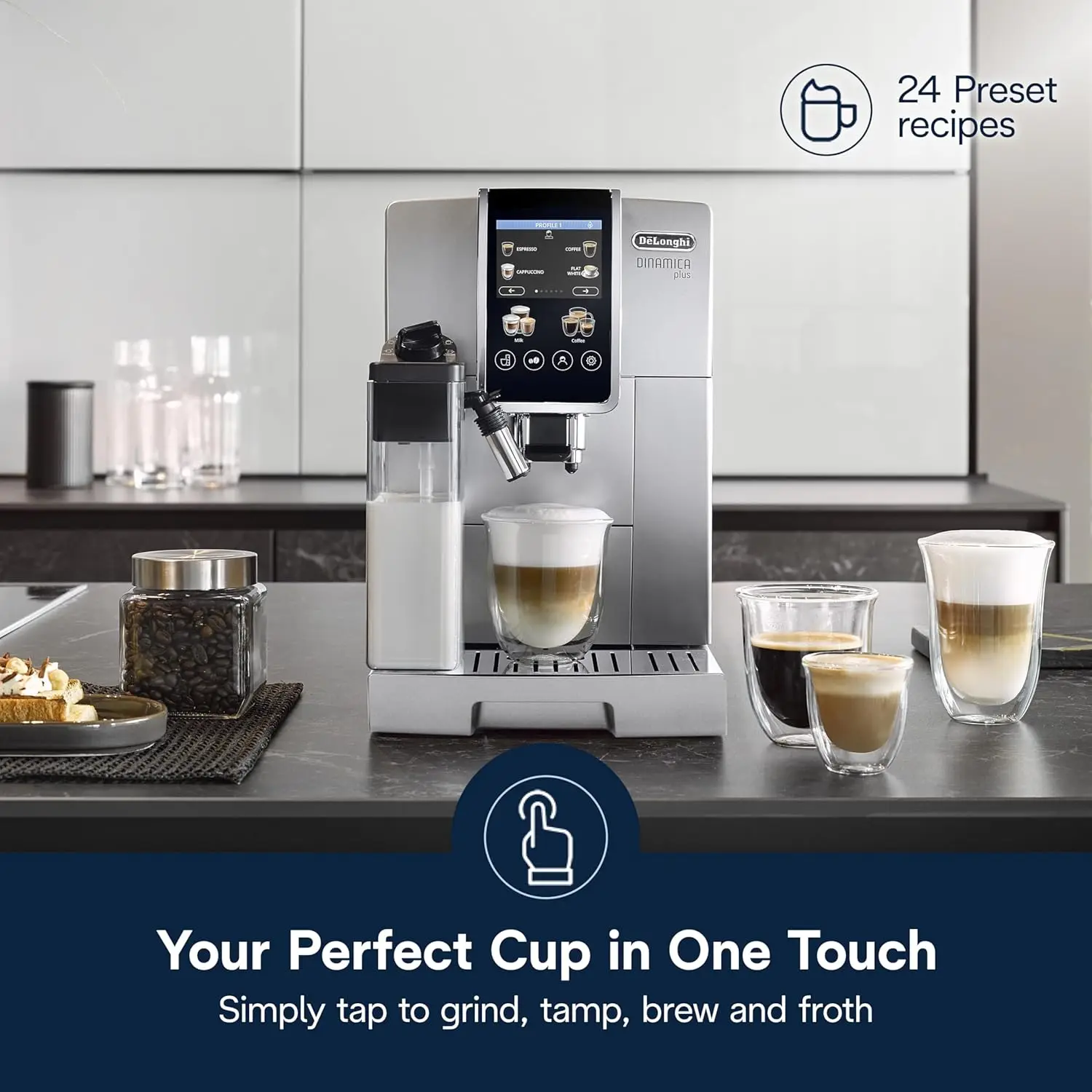 

Dinamica Plus Espresso & Coffee Machine, Automatic Milk Frother, 24+ One Touch Recipes,
