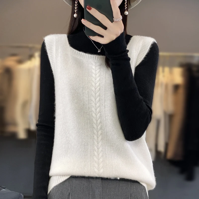 100% pure wool autumn and winter new vest women's knitted cashmere sweater vest sleeveless square neck sling solid color Joker. image 5