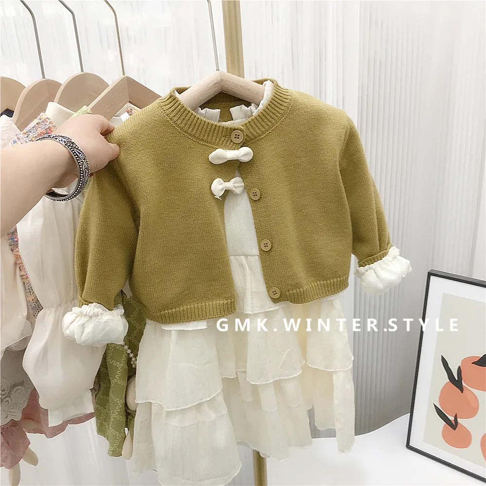 

Платье для девочек, винтажный вязаный кардиган с круглым вырезом, свитер, куртка, платье-торт, модное и стильное, повседневное, темпераментное