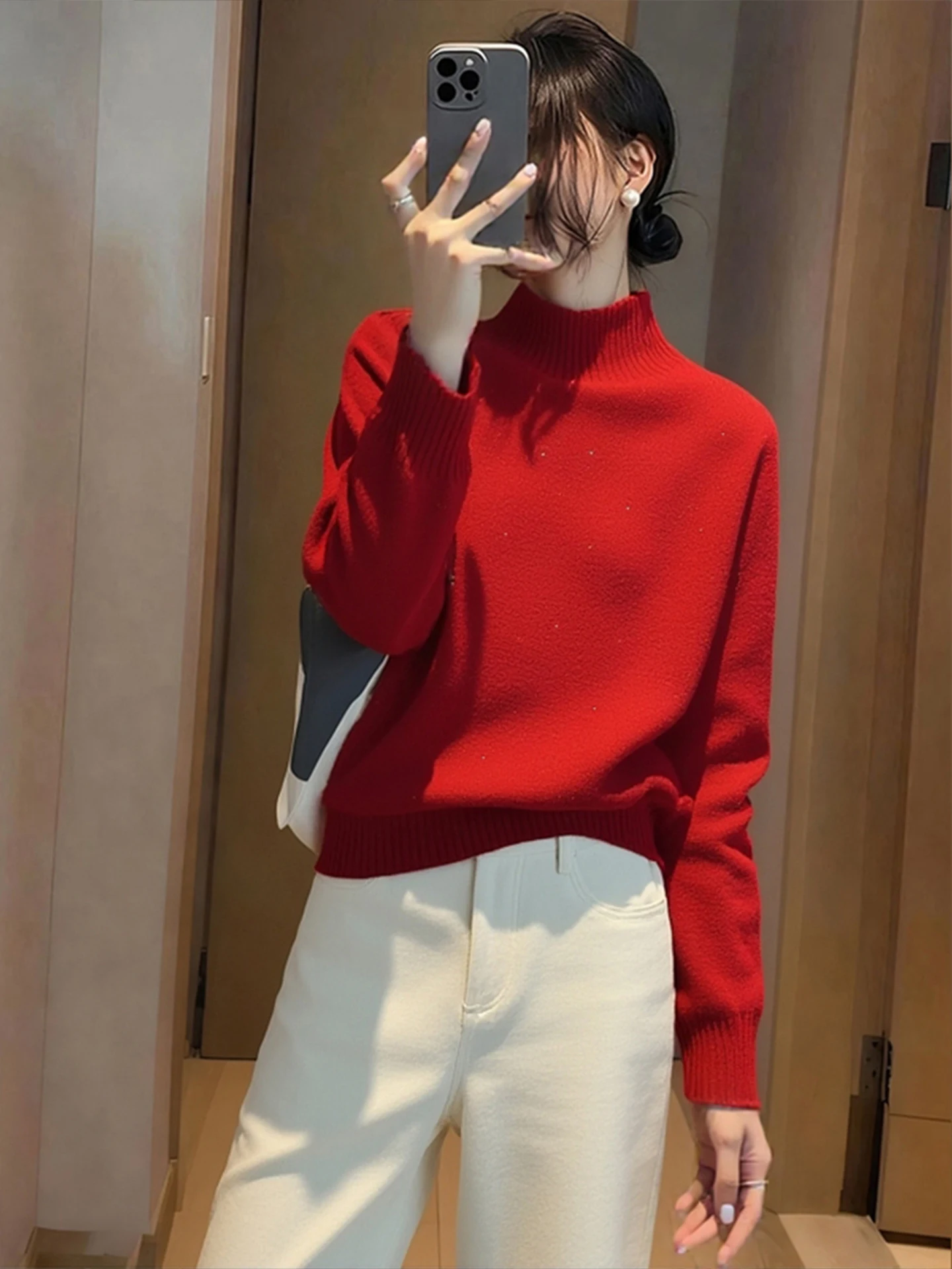 

Ele Commuter Sle Camere Knitwear Long Sve White Enhancing Red Color Winter New Arrival Women's Loose Fit Sweater
