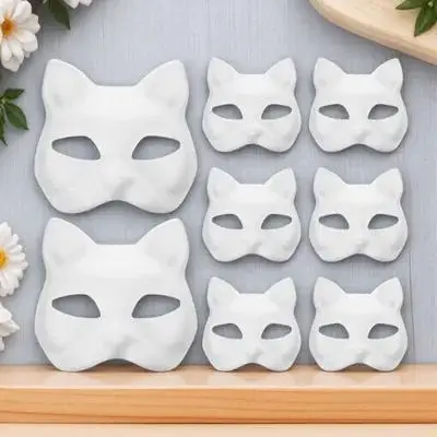 8Pcs DIY White Cat Face Masks Handpainted Unpainted Masquerade Supplies for Party Cosplay Performance Cat Face Mask