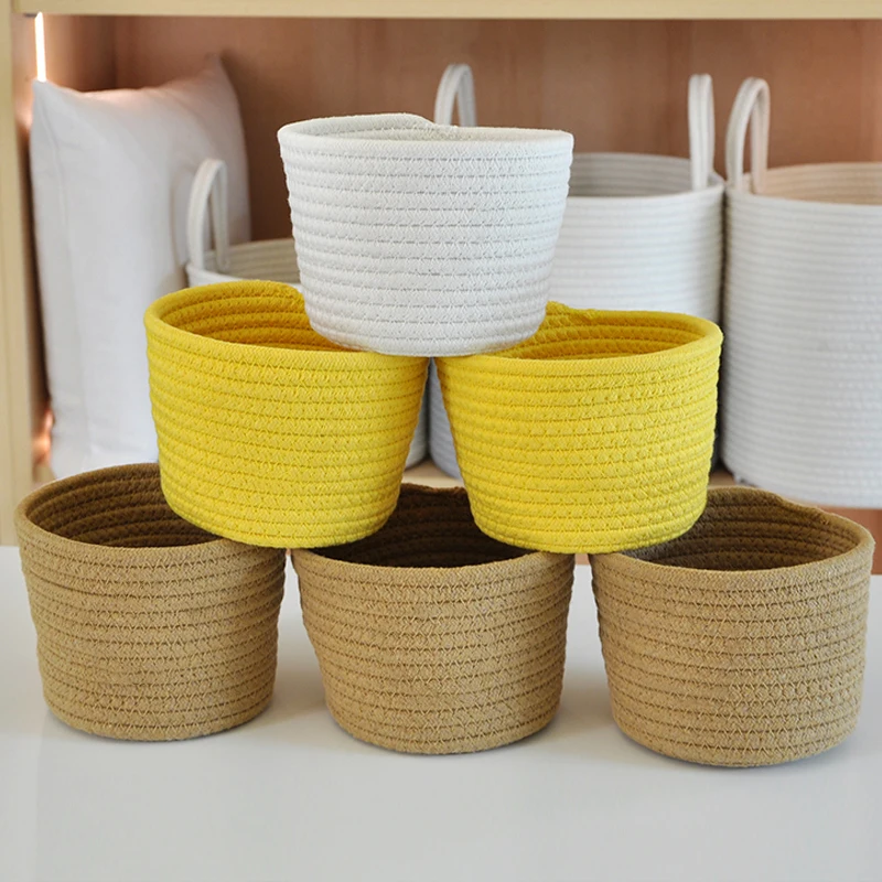 سلة تخزين سطح المكتب سلة تخزين حبل القطن المنسوج يدويًا أشتات مستحضرات التجميل والمجوهرات سلة تخزين ألعاب الأطفال