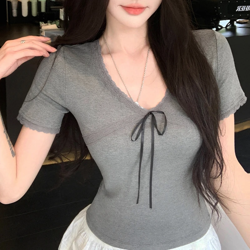 

Pure Desire Wind V-neck Lace Evaluation Tie Short Sleeve T-shirt Women Short High Waist Half Sleeve Pullover Casual Tops Summer