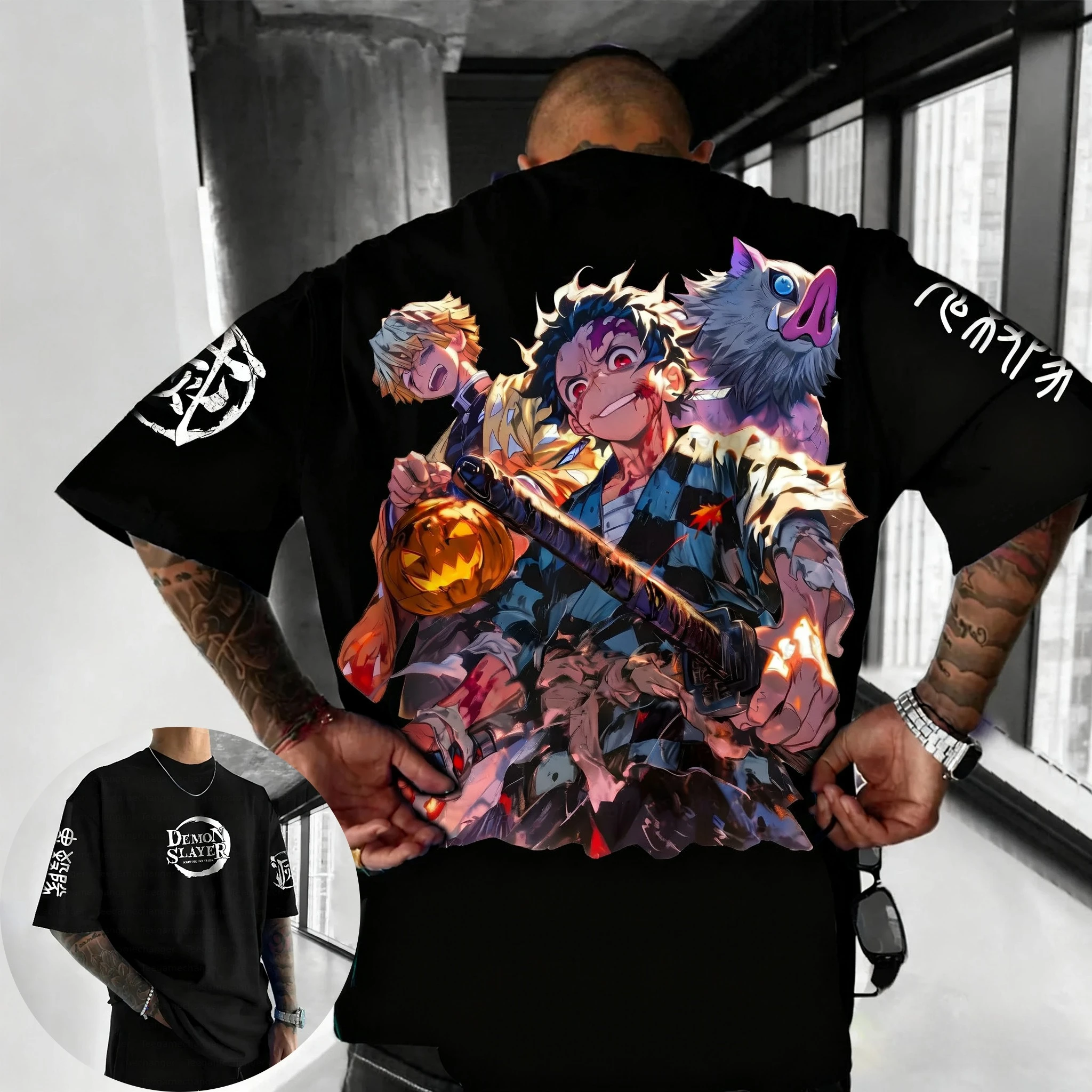 Demon Slayer Anime Halloween T-shirt per uomo Estate Nuovo colorato stampato Harajuku Casual Allentato Genitore-bambino Top a maniche corte