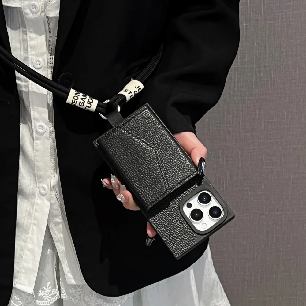 Casing Ponsel Saku Dompet Kartu Tas Kulit Modis untuk iPhone 16 15 14 13 12 11 Pro Max Sampul dengan Tali Penyandang