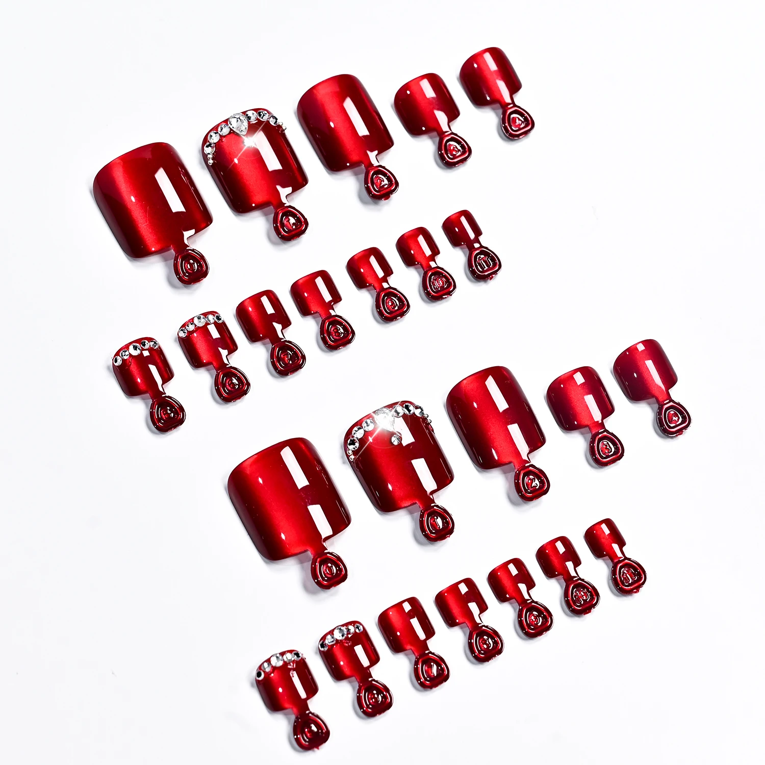 24Pcs Cat Eye Press On Toenails Shiny Rhinestone Decor Chasing Light Cateye Effect Short Square Full Cover False Nails Fake Nail