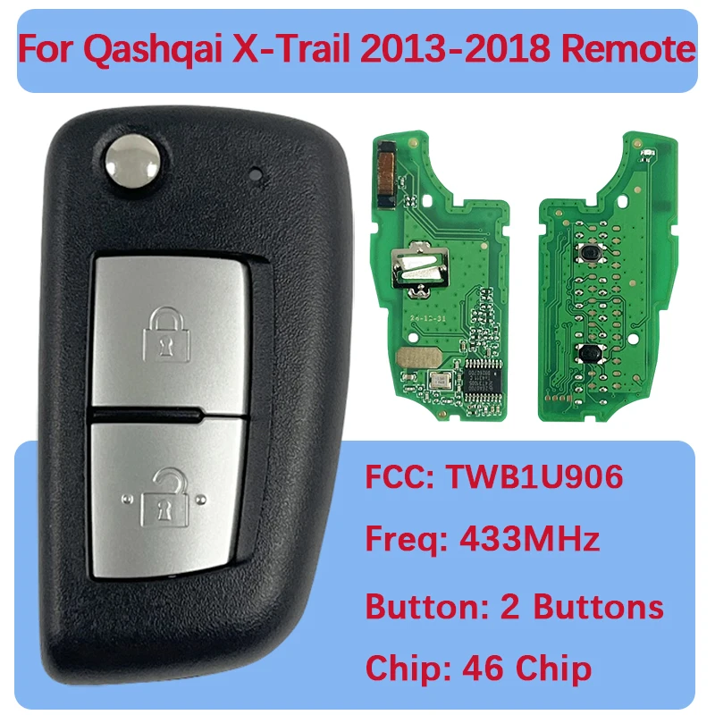CN027029 Aftermarket 2 Button Flip Remote Fob 433MHZ ID46 PCF7961 FCC TWB1U906 For Qashqai X-Trail 2013-2018