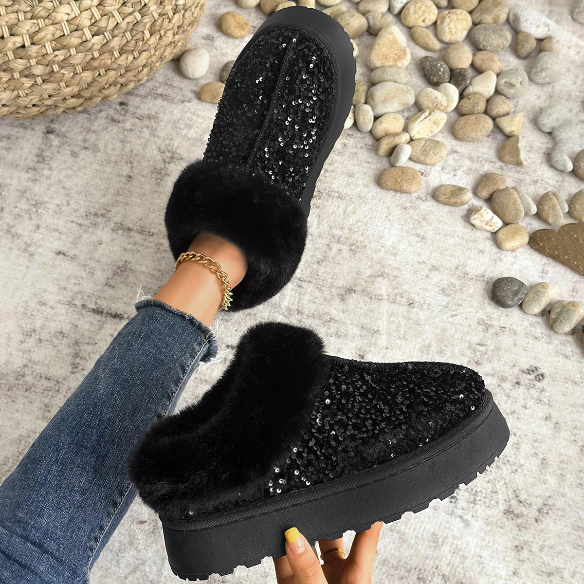 New Winter Women Fashiona Thick Bottom Fur Integrated glitter fabric Snow Boots Cover Head Cotton Slippers Shoes Short Boots