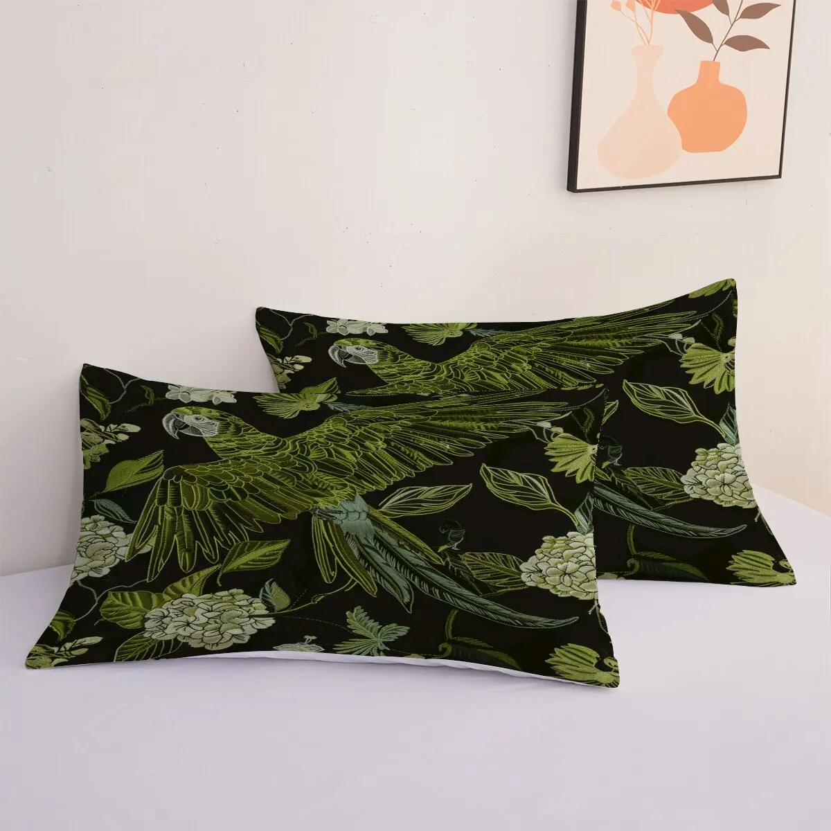 Green Parrot  duvet cover   Parrot and flowers  Duvet cover set, 1 duvet cover and 2 pillowcases