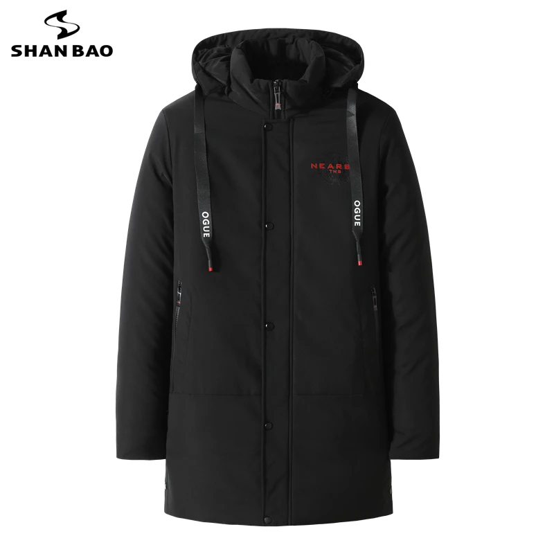 SHAN BAO winter brand new casual clothing men's long hooded padded jacket classic zipper pocket thick warm loose coat