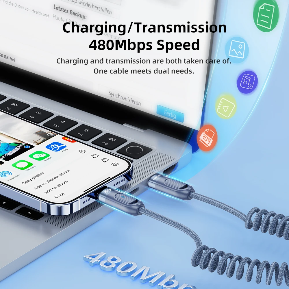 Toocki PD 20W Type C To Lightning fast Charger Cable For iPhone 14 13 12 11 Pro Max Plus XR XS Spring Telescopic Charging Wire