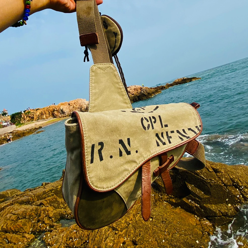 

Retro Washed Old Canvas Cowhide Patchwork Saddle Bag Outdoor Sports Portable Multifunctional Single Shoulder Crossbody Bag Trend